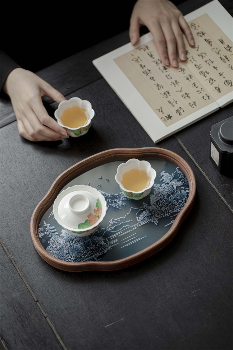 【中国風ガラストレイ】レトロモダンな茶盤 フルーツ皿